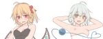  2girls :d ahoge arms_behind_head arms_up bangs bare_arms bare_shoulders blonde_hair blush bow breasts commentary_request flandre_scarlet green_eyes hair_between_eyes hair_bow hair_over_shoulder highres komeiji_koishi light_green_hair looking_at_viewer medium_breasts miyo_(ranthath) multiple_girls nipples open_mouth red_bow red_eyes short_hair side_ponytail simple_background small_breasts smile third_eye touhou white_background wings 