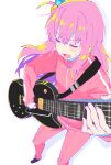  1girl blush bocchi_the_rock! bonbas24 closed_eyes cube_hair_ornament electric_guitar gibson_les_paul gotou_hitori guitar hair_between_eyes hair_ornament holding holding_instrument holding_plectrum instrument jacket long_hair long_sleeves music one_side_up open_mouth pants pink_hair pink_jacket pink_pants playing_instrument plectrum simple_background solo track_jacket track_pants white_background 