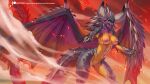  2023 5_fingers abs alanscampos anthro athletic athletic_anthro athletic_female breasts capcom claws digital_media_(artwork) dragon female fingers fire genitals horn looking_at_viewer membrane_(anatomy) membranous_wings monster_hunter nergigante nipples non-mammal_breasts non-mammal_nipples nude pussy solo wings 