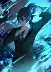  1boy absurdres arm_up black_hair black_necktie black_suit blood blood_on_clothes blood_on_face blue_blood blue_eyes chainsaw_man closed_mouth expressionless formal fox_devil_(chainsaw_man) fox_shadow_puppet hair_between_eyes hand_up hayakawa_aki highres holding holding_sword holding_weapon long_sleeves looking_at_viewer male_focus necktie shirt short_hair solo suit suit_jacket sword topknot upper_body weapon white_shirt yan_ge 