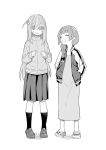  2girls alternate_height bangs blunt_bangs bocchi_the_rock! bow braid closed_eyes cube_hair_ornament dress full_body geta gotou_hitori greyscale hair_bow hair_ornament hair_over_shoulder hands_in_pockets highres hiroi_kikuri jacket loafers long_hair long_sleeves medium_dress monochrome multiple_girls one_side_up open_clothes open_jacket open_mouth pleated_skirt shoes simple_background single_braid skirt smile standing tanaka_ahiru track_jacket white_background 