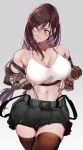  1girl :t adjusting_clothes adjusting_panties belt black_gloves black_skirt blush breasts brown_eyes brown_hair brown_thighhighs cleavage collarbone commentary_request elbow_gloves elbow_pads final_fantasy final_fantasy_vii final_fantasy_vii_remake fingerless_gloves gloves highres koda1ra large_breasts long_hair looking_to_the_side low-tied_long_hair materia navel paid_reward_available panties panty_straps single_elbow_pad skirt solo sports_bra suspender_skirt suspenders suspenders_hanging sweat thighhighs tifa_lockhart toned underwear white_sports_bra zettai_ryouiki 