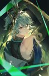  0jae 1boy ahoge alhaitham_(genshin_impact) arm_up bangs bare_shoulders black_background black_gloves black_shirt cable cape closed_mouth commentary_request diamond_(shape) elbow_gloves feathers genshin_impact gloves gold_trim gradient_background green_background green_eyes grey_hair hair_between_eyes hair_over_one_eye highres holding holding_sword holding_weapon korean_commentary looking_at_viewer looking_to_the_side male_focus parted_bangs partially_fingerless_gloves serious shirt short_hair shoulder_cape sidelocks slashing sleeveless sleeveless_shirt solo swept_bangs sword upper_body weapon 