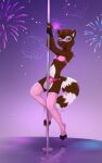  anthro bottomwear bra clothing dancing fireworks girly hi_res male male_(lore) mammal one_eye_closed pants pole pole_dancing procyonid raccoon rukifox solo underwear 