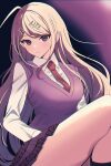  1girl ahoge akamatsu_kaede black_socks blonde_hair blush bottomless danganronpa_(series) danganronpa_v3:_killing_harmony expressionless gradient_background hair_ornament highres long_hair looking_at_viewer musical_note musical_note_hair_ornament musical_note_print necktie pink_necktie purple_eyes school_uniform shirt sitting skirt sleeveless sleeveless_sweater socks solo sweater thighs urami0310 white_shirt 