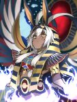  1girl animal_ears ankh dark-skinned_female dark_skin facial_mark fate/grand_order fate_(series) fire hairband highres long_hair low-tied_long_hair nitocris_(fate) nitocris_alter_(fate) ri_o_ne_su white_fire white_hair yellow_eyes 