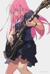  1girl black_skirt blue_eyes bocchi_the_rock! cable_tie closed_mouth electric_guitar gotou_hitori guitar highres holding holding_instrument instrument long_hair music one_side_up pink_hair playing_instrument pleated_skirt shirt simple_background skirt solo t-shirt thundergotch 