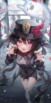  1girl :3 :d aran_(aran0127) bangs black_coat black_headwear black_nails black_shorts blush boo_tao_(genshin_impact) brown_hair chinese_clothes claw_pose coat coattails fang flower flower-shaped_pupils genshin_impact ghost hair_between_eyes hands_up hat hat_flower highres hu_tao_(genshin_impact) jewelry long_hair long_sleeves looking_at_viewer multiple_rings open_mouth outdoors plum_blossoms porkpie_hat red_eyes red_shirt ring shirt short_shorts shorts skin_fang smile snow socks solo standing standing_on_one_leg symbol-shaped_pupils thumb_ring twintails white_socks wide_sleeves 