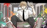  1boy black_necktie black_pants blonde_hair chainsaw_man collared_shirt denji_(chainsaw_man) feet_on_table grin highres kankan33333 looking_at_viewer male_focus necktie paint_splatter pants red_eyes sharp_teeth shirt shoes short_hair smile solo teeth the_last_supper w white_shirt wing_collar 