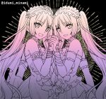  2girls bare_shoulders dress euryale_(fate) fate/grand_order fate_(series) frills hairband izumi_minami lolita_hairband long_hair looking_at_viewer monochrome multiple_girls open_mouth siblings sisters stheno_(fate) twintails white_dress 