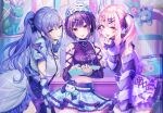  25-ji_night_code_de._(project_sekai) 3girls akiyama_mizuki asahina_mafuyu bag bangs bare_shoulders blue_bow blue_dress blue_hair blue_skirt bow breasts commentary_request crop_top dress frilled_hairband frilled_skirt frills hair_between_eyes hair_bow hair_ornament hairband hairclip heart heart-shaped_bag heart_hair_ornament highres holding layered_skirt long_sleeves medium_breasts midriff multiple_girls navel pink_hair ponytail project_sekai purple_eyes purple_hair purple_shirt purple_skirt red_eyes ribbon-trimmed_hairband shinonome_ena shirt shoulder_bag skirt sleeveless sleeveless_shirt sleeves_past_wrists stuffed_animal stuffed_toy teddy_bear twintails white_hairband white_shirt x_hair_ornament youta 