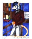  2004 anthro beverage black_collar blue_eyes blue_hair bottomwear clothed clothing collar fully_clothed hair holding_beverage holding_object jewelry male mammal miysis murid murine necklace pants rat red_clothing red_shirt red_topwear rodent shirt sink solo spiked_collar spikes topwear white_bottomwear white_clothing white_pants 