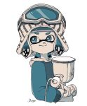  1girl aerospray_(splatoon) artist_name bangs beanie black_hair blue-tinted_eyewear blue_eyes blue_hair blue_sweater blunt_bangs bright_pupils closed_mouth colored_tips commentary eyewear_on_headwear flat_chest from_side goggles happy hat highres holding holding_weapon inkling inkling_girl long_sleeves looking_back multicolored_hair shogo_(shogo70449442) short_hair sidelocks signature simple_background smile solo splatoon_(series) split_mouth striped striped_headwear sweater tentacle_hair tentacles tinted_eyewear two-handed two-tone_hair weapon white-framed_eyewear white_background white_pupils 