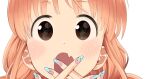  1girl blue_nails blush character_request copyright_request covering_mouth eye_reflection fang gradient_nails looking_at_viewer nagashii_kouhei nail_art nail_polish open_mouth orange_hair pink_nails reflection simple_background skin_fang solo solo_focus white_background wide-eyed 