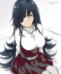  1girl alternate_breast_size alternate_costume artist_name belt black_hair breasts dated gakky hair_over_one_eye hayashimo_(kancolle) high-waist_skirt hime_cut jewelry kantai_collection long_hair long_sleeves medium_breasts necklace pantyhose red_eyes shirt sitting skirt solo very_long_hair white_background white_pantyhose 