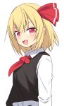  1girl :d ascot blonde_hair e.o. fang hair_ribbon looking_at_viewer open_mouth red_ascot red_eyes red_ribbon ribbon rumia short_hair simple_background skin_fang smile solo touhou white_background 
