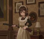  1girl absurdres apron bangs black_dress blunt_bangs blunt_ends brown_eyes brown_hair chest_of_drawers closed_mouth collared_dress commentary dress frilled_apron frills gun highres holding holding_gun holding_weapon indoors lamp lampshade lever_action long_bangs long_sleeves looking_at_viewer maid maid_apron maid_headdress neck_ribbon original oukayu painting_(object) picture_frame red_ribbon ribbon rifle serious short_hair sleeve_cuffs solo trigger_discipline upper_body wallpaper_(object) weapon white_apron yellow_eyes 