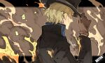  1boy ascot black_coat black_headwear blonde_hair burning_clothes coat from_side hand_on_headwear hand_up hat highres kankan33333 letterboxed male_focus one_piece outside_border sabo_(one_piece) short_hair smile solo top_hat white_ascot 