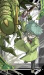  1boy black_pants blue_eyes blue_hair bow bowtie card coat duel_monster fingerless_gloves gloves green_coat grin highres holding holding_card insector_haga kankan33333 long_sleeves looking_at_viewer male_focus pants perfectly_ultimate_great_moth red_bow red_bowtie red_gloves sanpaku shoes short_hair single_glove smile solo standing yu-gi-oh! 