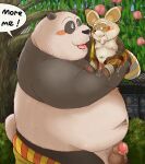  2023 anthro balls bear belly big_belly black_body black_nose blush bodily_fluids carrying censored cum detailed_background dreamworks duo genital_fluids genitals giant_panda kemono kung_fu_panda male male/male mammal master_po_ping master_shifu navel norataro outside overweight overweight_male penis size_difference white_body 
