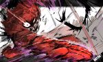  1boy armor fujikido_kenji highres incoming_attack kankan33333 looking_at_viewer ninja_slayer red_eyes solo speed_lines wide-eyed 