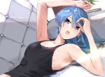  1girl :o alternate_eye_color arm_up armpits black_camisole blue_eyes blue_hair breasts camisole casual couch funi_mu9 grey_eyes hair_down highres hololive hoshimachi_suisei looking_at_viewer lying medium_hair on_back on_couch open_mouth small_breasts solo sweat upper_body virtual_youtuber 