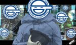  1other aoi_(gits) blue_coat coat ghost_in_the_shell hat highres holding holding_clothes holding_hat hood hood_down hooded_coat kankan33333 logo long_sleeves 