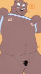  2023 anthro balls bear belly big_belly blush brown_body censored clothed clothing clothing_lift flaccid genitals hi_res kemono male mammal menmen_kesinn moobs navel nipples overweight overweight_male penis shirt shirt_lift small_penis solo topwear 