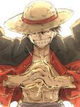  1boy black_coat black_hair coat coat_on_shoulders fist_in_hand grin hat jacket kankan33333 looking_at_viewer male_focus monkey_d._luffy one_piece open_clothes open_jacket red_jacket sanpaku short_hair simple_background smile solo straw_hat upper_body white_background yellow_eyes 