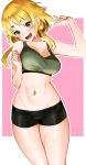  1girl :d absurdres bike_shorts blonde_hair blush breasts commission cowboy_shot dot_nose green_eyes hand_up head_tilt highres large_breasts looking_at_viewer low_twintails nagashii_kouhei original skeb_commission smile solo sports_bra standing twintails w 