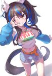  1girl \m/ absurdres animal_ears bangs bead_necklace beads belt blue_hair blue_shorts blush breasts brown_hair collarbone commentary_request cowboy_shot crop_top crop_top_overhang daitaku_helios_(umamusume) ear_covers ear_ornament fang feet_out_of_frame grin hair_ornament hairclip hand_over_eye hand_up highres horse_ears horse_girl horse_tail jewelry long_hair looking_at_viewer medium_breasts midriff multicolored_hair multicolored_nails navel necklace one_eye_closed open_mouth shirt short_shorts shorts side_ponytail sidelocks simple_background sleeves_past_wrists smile solo standing streaked_hair sutora_binsuke tail teeth two-tone_hair umamusume white_background yellow_eyes 