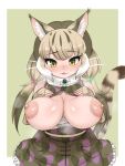  1girl animal_ears aramaru belt blush breasts cat_ears cat_girl cat_tail elbow_gloves extra_ears gloves green_eyes highres huge_breasts jungle_cat_(kemono_friends) kemono_friends kemono_friends_v_project large_breasts long_hair looking_at_viewer microphone nipples ribbon scarf simple_background skirt solo tail twintails virtual_youtuber 