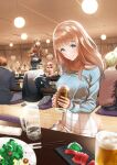  1girl alcohol barefoot beer blue_shirt brown_hair ceiling_light chiarashi_mahina chopsticks closed_mouth cover cover_page cup food green_eyes highres holding holding_cup indoors long_hair looking_at_viewer manga_cover nagashii_kouhei plate scary_campus_college_university seiza shirt sitting skirt smile solo_focus sushi white_skirt 
