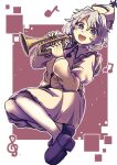 1girl apapo beamed_eighth_notes black_footwear blush eighth_note full_body hair_between_eyes hat highres holding holding_instrument instrument long_sleeves merlin_prismriver musical_note one-hour_drawing_challenge open_mouth pantyhose purple_eyes shoes short_hair skirt smile solo touhou treble_clef trumpet vest white_hair white_headwear white_pantyhose white_skirt white_vest 