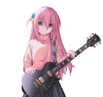  1girl bangs black_skirt blue_eyes bocchi_the_rock! closed_mouth commentary_request cube_hair_ornament electric_guitar gotou_hitori guitar hair_between_eyes hair_ornament highres holding holding_instrument instrument jacket lawnielle long_hair long_sleeves looking_at_viewer one_side_up pink_hair pink_jacket pleated_skirt simple_background skirt solo track_jacket very_long_hair white_background 