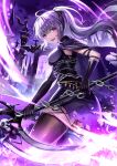  1girl arm_strap asymmetrical_gloves bangs bat_(animal) black_gloves black_thighhighs blush cape chain elbow_gloves from_side gloves highres holding holding_scythe kyo_(maae00) long_hair looking_at_viewer looking_to_the_side original parted_lips ponytail purple_eyes purple_hair scythe smile solo thighhighs thighs uneven_gloves 