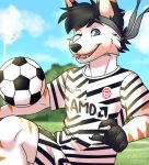  2021 accessory amd anthro antoine_darkstar black_hair black_paws black_stripes blue_eyes canid canine clothing emiiz football_player football_uniform fox fur hair half-length_portrait headband male mammal orange_stripes portrait solo stripes white_body white_clothing white_fur 