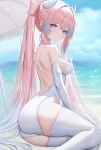  1girl ass beach blue_eyes blue_sky genshin_impact highres looking_at_viewer pink_hair ponytail sangonomiya_kokomi sky smile solo sweater swimsuit thighhighs thighs un_uk white_sweater white_thighhighs 