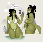 absurd_res anthro big_butt bikini bottle bracelet breasts butt camel_toe canid canine canis cellphone clothed clothing container crocodilian dialogue domestic_dog dreadlocks female female_focus green_body green_scales hi_res holding_cellphone holding_object holding_phone holding_smartphone jewelry male mammal navel nextel non-mammal_breasts partially_clothed partially_submerged phone reed_(bearra) reptile scales scalie smartphone solo solo_focus standing_in_water swimming_pool swimwear thick_thighs video_call water_bottle zynn 