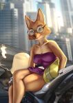  2022 absurd_res acupa armor canid canine clothing diane_foxington dreamworks dress eyewear female fox fur glasses green_eyes headgear helmet hi_res mammal motorcycle orange_body orange_fur purple_clothing sitting solo the_bad_guys vehicle 