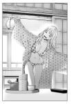  1girl :d ass_visible_through_thighs bathrobe bikini blurry blurry_foreground blush breasts chiarashi_mahina closed_eyes depth_of_field facing_viewer frilled_bikini frills greyscale head_tilt large_breasts long_hair monochrome nagashii_kouhei scary_campus_college_university smile solo standing swimsuit thigh_gap 