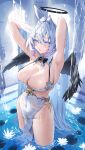  1girl angel_wings armpits arms_up bangs black_feathers breasts bursting_breasts cleavage collar dress dripping feathered_wings feathers gem halo highres ichibi large_breasts looking_at_viewer navel original pearl_(gemstone) revealing_clothes revision short_hair side_slit skindentation solo standing thick_thighs thighs wading water waterfall wet wet_clothes white_background white_dress white_eyes wings 