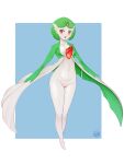  +_+ 1girl absurdres alternate_hairstyle bangs blue_background blush border breasts collarbone colored_skin commentary dress english_commentary full_body gardevoir green_hair green_skin groin highres hitmanatee legs legs_together looking_to_the_side multicolored_skin navel no_panties open_clothes open_dress open_mouth outside_border parted_bangs poke_ball_hair_ornament pokemon pokemon_(creature) pussy red_eyes shiny_skin short_hair simple_background small_breasts solo standing star_(symbol) stomach teeth thighs topknot two-tone_skin uncensored watermark white_border white_dress white_skin 