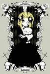  1girl black_dress black_nails blonde_hair character_name child copyright_name cross crossed_arms dress eyelashes female_child flower gothic hair_ornament highres holding holding_stuffed_toy lenore lenore_lynchfast limited_palette nail_polish rose shizuki_sayaka skull_hair_ornament solo standing stuffed_toy yellow_eyes 