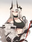  1girl abs arknights bare_shoulders black_gloves black_sports_bra breasts cleavage collarbone expressionless gloves grey_hair hair_between_eyes hair_ornament hammer highres holding holding_hammer holding_weapon horns infection_monitor_(arknights) jumpsuit large_breasts long_hair mudrock_(arknights) muscular muscular_female oripathy_lesion_(arknights) pointy_ears red_eyes simple_background solo sports_bra stomach sweat very_long_hair weapon weeiskaw white_background white_jumpsuit 