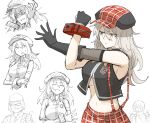  1boy 1girl armpits black_gloves black_vest breasts cabbie_hat character_request closed_mouth copyright_request elbow_gloves fingerless_gloves gloves grey_eyes grey_hair hat kankan33333 long_hair plaid plaid_skirt red_skirt skirt stretching suspender_skirt suspenders underboob vest 