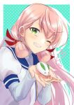  1girl akashi_(kancolle) alto2019 artist_name blue_sailor_collar blue_shirt blush border collared_shirt fingernails green_eyes grin hair_ribbon heart highres kantai_collection layered_sleeves long_hair long_sleeves one_eye_closed pink_hair polka_dot polka_dot_background red_ribbon ribbon sailor_collar school_uniform serafuku shirt short_over_long_sleeves short_sleeves signature smile snow_bunny solo tress_ribbon upper_body white_border 