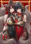  2girls absurdres akagi_(azur_lane) animal_ears azur_lane bangs bare_shoulders black_dress black_hair blush bridal_gauntlets brown_hair brown_pantyhose china_dress chinese_clothes chinese_commentary commentary_request covered_navel dress fox_ears fox_girl hair_ornament highres ichikushi_mojibake lips long_hair looking_at_viewer multiple_girls multiple_tails nail_polish official_alternate_costume pantyhose parted_lips red_dress red_eyes red_nails smile taihou_(azur_lane) taihou_(phoenix&#039;s_spring_song)_(azur_lane) tail thighband_pantyhose 