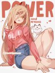  1girl animal_ears bakuatsukiyu bare_shoulders blonde_hair blue_shorts cat cat_ears cat_tail chainsaw_man denim denim_shorts hair_between_eyes horns long_hair looking_at_viewer meowy_(chainsaw_man) nyako_(chainsaw_man) power_(chainsaw_man) red_horns shorts sitting solo sweater tail thick_thighs thighs white_cat yellow_eyes 