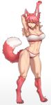  1girl absurdres animal_ears armpits breasts commission full_body hair_between_eyes highres looking_at_viewer monster_girl navel one_eye_closed open_mouth original pgm300 pink_eyes pink_fur pink_hair simple_background solo standing strapless stretching tail teeth tongue tube_top white_background white_fur 